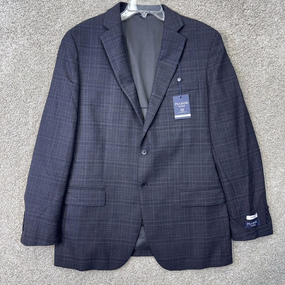 Jos. A. Bank Blazer Mens 44L Traveler Slim Fit Navy Blue Plaid Wool NEW